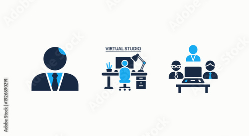 Modern flat design icons depicting virtual studio, remote business team, online collaboration, and corporate individual profiles for digital work concepts.