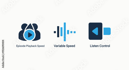 Modern flat design icons for audio playback controls, including episode playback speed, variable speed adjustment, and general listen control features.