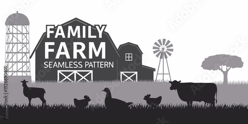 A family farm scene with barn animals and windmill in silhouette