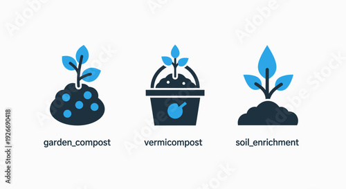 Eco-friendly garden compost, vermicompost, and soil enrichment vector icons promoting sustainable agriculture and plant growth for farming concepts.