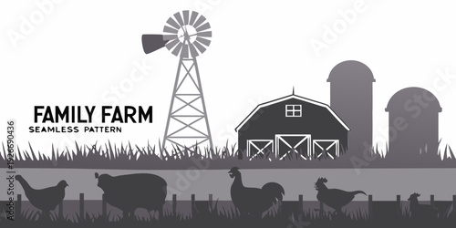 Silhouette of a family farm with windmill barn and livestock