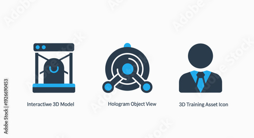 Innovative 3D model, hologram object view, and training asset icons for virtual reality and augmented reality applications, futuristic technology.