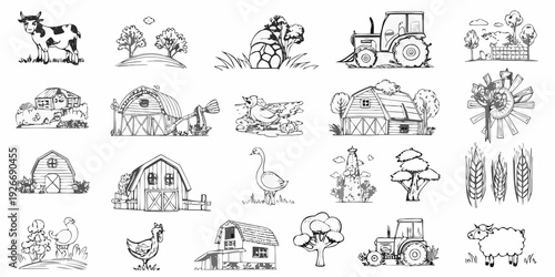 A collection of hand drawn farm animals buildings and agricultural elements