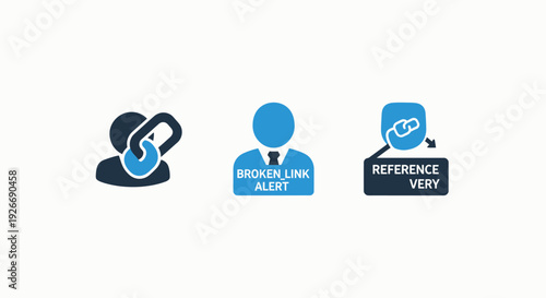 User connection, broken link alert, and reference verification icons for website and application error management and data integrity, system alerts.
