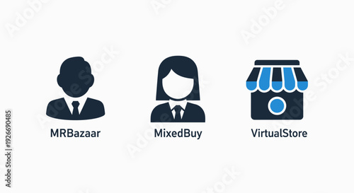 E-commerce user avatars and virtual store icon for online shopping, digital marketplaces, and retail business platforms, global trade.