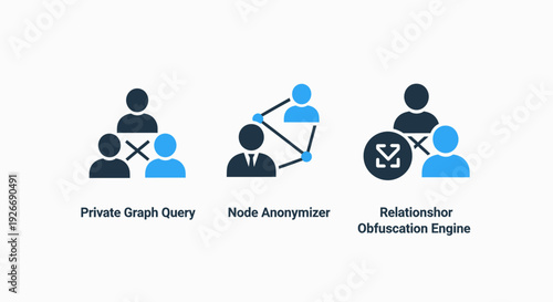 Blue and Dark Icons Illustrating Data Privacy and Network Security Concepts with Private Graph Query, Node Anonymizer, and Relationship Obfuscation Engine.
