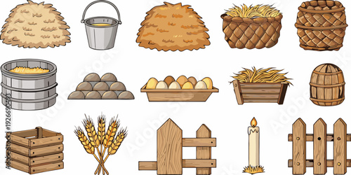 Assorted farm elements including hay eggs baskets and wooden containers