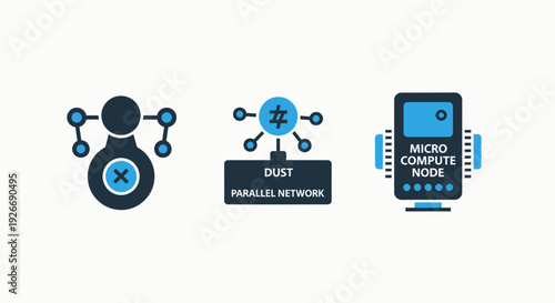 Parallel network, micro compute node, and interconnected data icons representing advanced computing and distributed systems architecture.