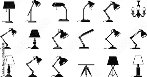 Comprehensive Table Lamp and Chandelier Silhouette Icon Set Featuring Professional Desk Lights Office Lighting and Interior Decor Symbols for Architecture and Interior Design Projects