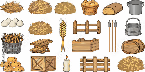 Collection of farm elements hay eggs wheat bread and wooden tools