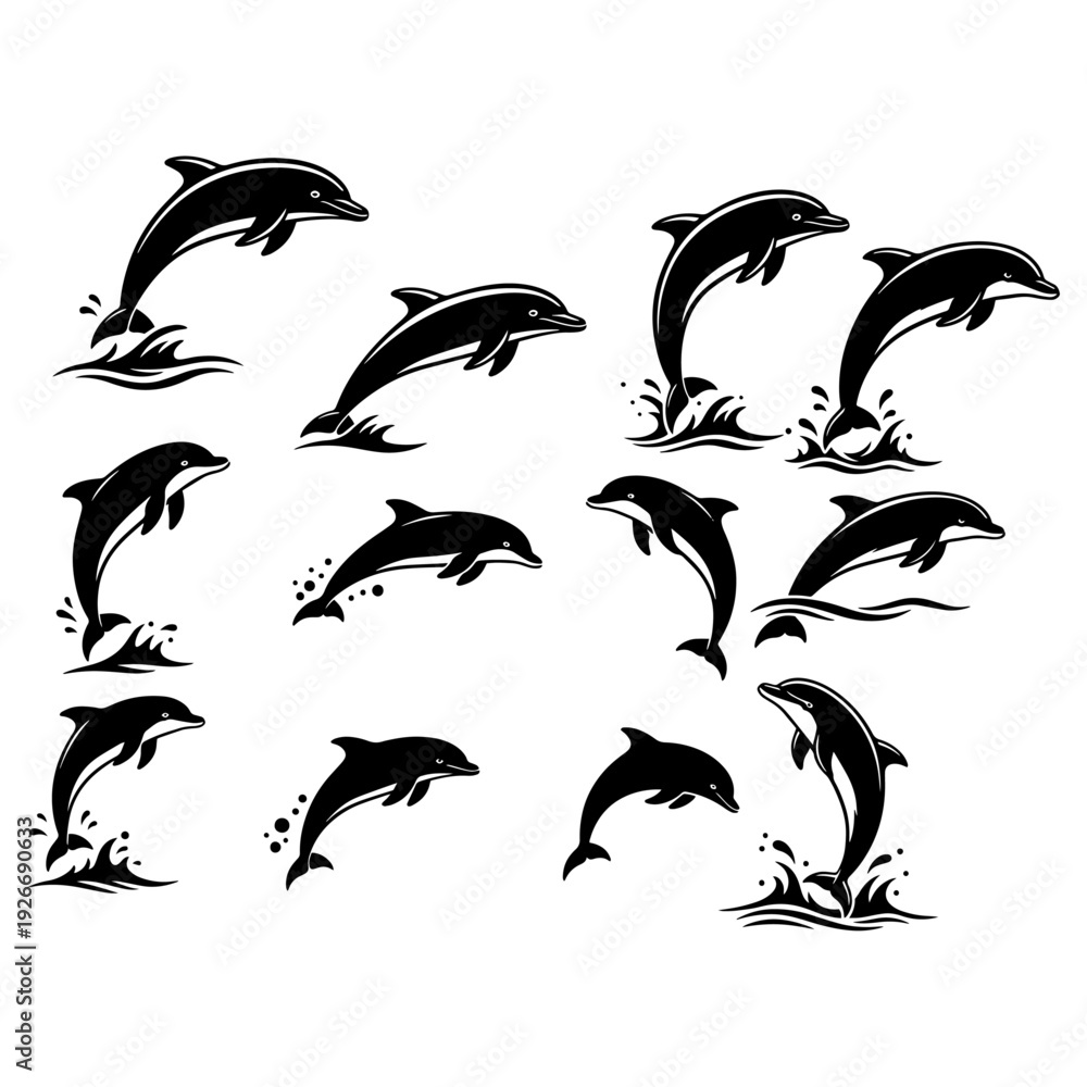 Naklejka premium Jumping Dolphins Silhouette Vector Set - Marine Life and Ocean Animal Poses for Design