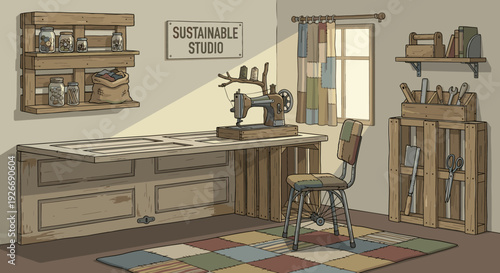 Cozy sustainable workshop studio illustration with a vintage sewing machine, upcycled furniture, patchwork decor, and tools for crafting in a warm, creative atmosphere