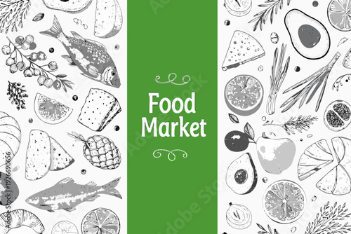 A detailed illustration of various food items in a market setting