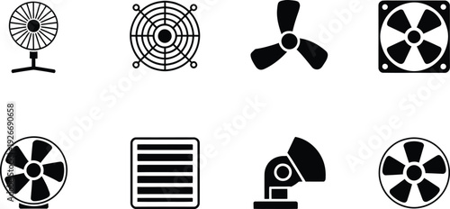 Collection of diverse black and white fan icons representing various cooling mechanisms including desktop computer cooling systems ventilation parts propeller blades and protective grills for airflow 
