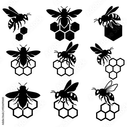 Honey Bee and Organic Honey Pot Silhouette - Beekeeping and Nature Elements Vector