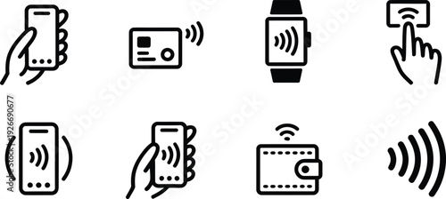 A collection of black line art icons illustrating modern digital wireless payment methods, including a hand holding a smartphone, a credit card, a smartwatch, and a wallet, all showing contactless tra