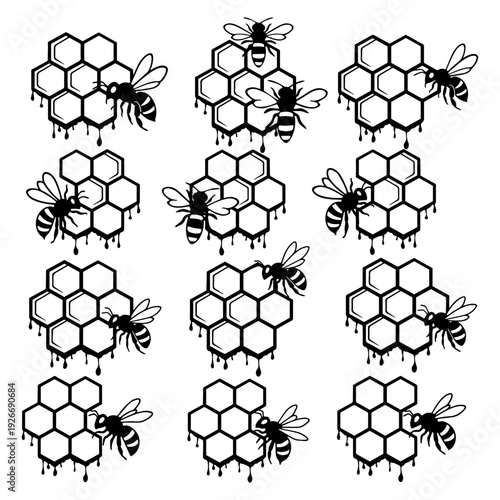 Honey Bee and Honeycomb Silhouette Collection - Flying Bees and Organic Honey Vector Elements