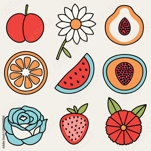 Colorful illustration featuring various fruits flowers and botanical elements