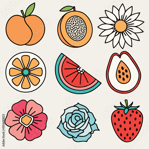 Colorful illustration featuring various fruits and flowers in a grid pattern