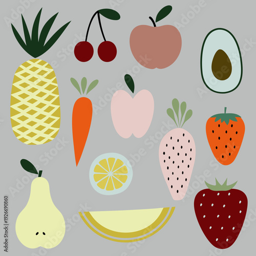 A colorful flat lay illustration of various fruits and vegetables