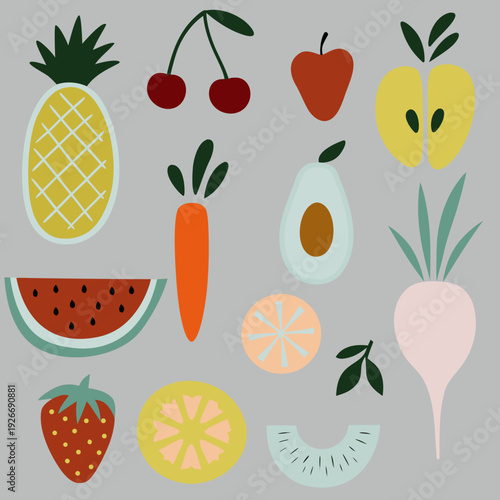 Colorful illustration depicting a variety of fresh fruits and vegetables