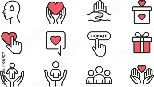 A comprehensive collection of stylized minimal line icons depicting concepts related to charity, donation, support, caring, and humanitarian aid initiatives.