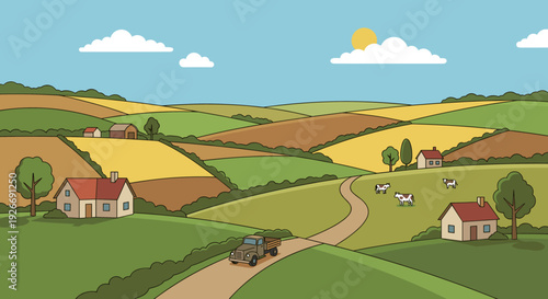 Cartoon illustration of a rural countryside with rolling green hills, patchwork fields, farmhouses, grazing cows, and a truck on a winding road under a sunny sky