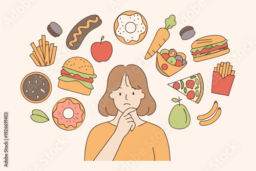 Woman contemplating a variety of foods struggling with dietary choices