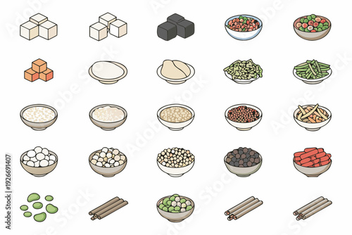 Assorted food items arranged in a grid including sugar rice and vegetables