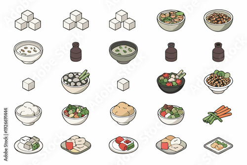 Isometric food icons sugar cubes salads rice and bottled beverages