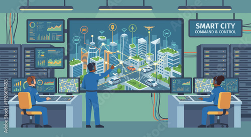 Futuristic smart city command center illustration showing operators managing urban data, autonomous vehicles, and infrastructure on a large interactive screen