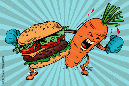 A cartoon carrot punches a burger in a playful dynamic illustration