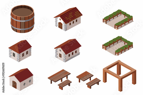Isometric village elements buildings barrel furniture and garden structures