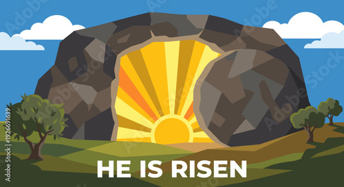 Christian Easter illustration of the empty tomb with its stone rolled away and a bright sunrise shining from inside, symbolizing the resurrection and hope