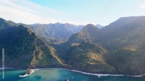 Aerial View of Coastal Mountains and Villages, Madeira Island Portugal