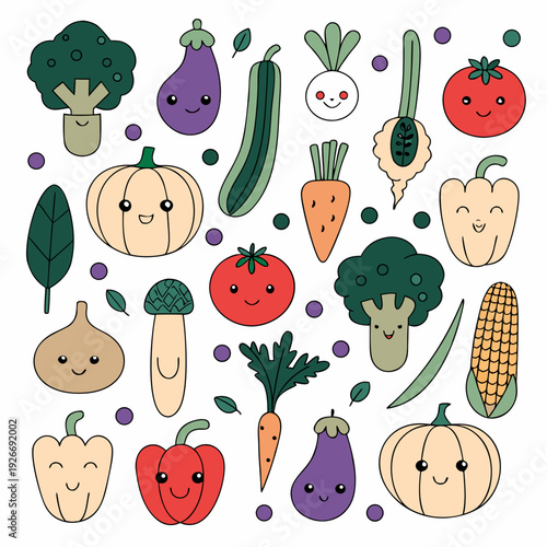 A colorful collection of cartoon vegetables and fruits with smiling faces