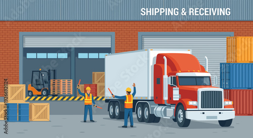 Large red semi-trailer truck being guided by workers at a warehouse loading dock during a shipping and receiving operation, a vector illustration of logistics and transportation