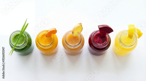 Assorted fresh cold pressed juices in glass bottles with wheatgrass, turmeric, ginger, beetroot and lemon isolated on white background.