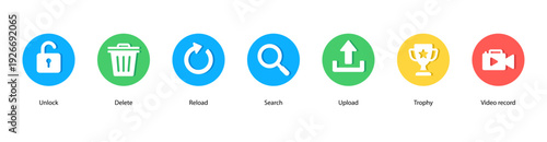 Digital Actions web banner vector illustration featuring Unlock, Delete, Reload, Search, Upload, Trophy, and Video Record for daily online functions.
