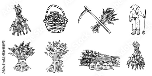 Vintage illustration depicting farming tools crops and a traditional farmer