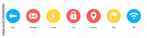 Digital Essentials web banner vector featuring Back, Message, Energy, Lock, Location, Flag, and Wifi for modern communication and connectivity.