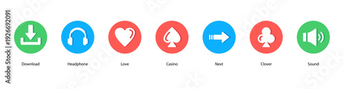 Online Interaction web banner vector illustration featuring Download, Headphone, Love, Casino, Next, Clover, and Sound for modern lifestyle and entertainment.