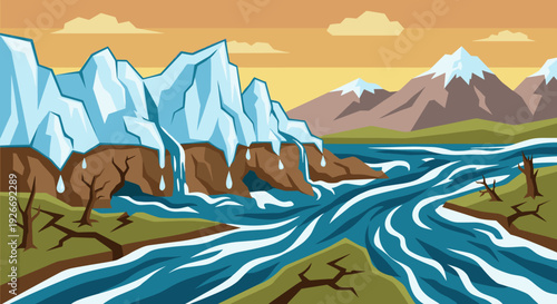 Vector illustration of a melting glacier creating a powerful river that floods a barren landscape with dead trees, symbolizing climate change and global warming