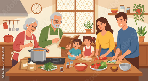 Happy multi-generational family with children cooking together in a cozy kitchen, preparing a healthy meal with fresh vegetables and following a recipe from a book
