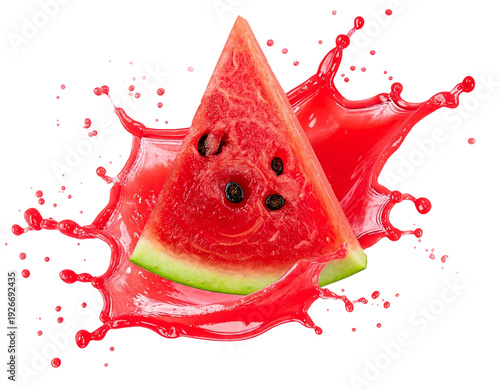 Isolated watermelon triangle wrapped with a large splash of juice on cutout PNG transparent background