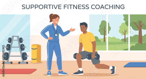 Female personal trainer with a stopwatch guiding a man performing lunges with dumbbells during a workout session in a bright, modern gym with equipment