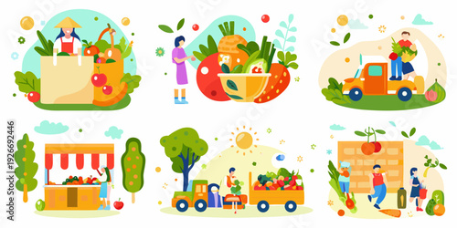 Illustrations of farm to table scenes with harvesting markets and transport