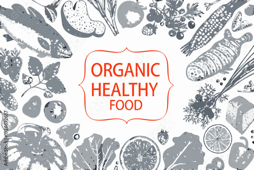 An illustrated arrangement of seafood produce and the word organic