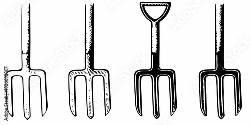 Four vintage gardening forks illustrated in a simple black and white style