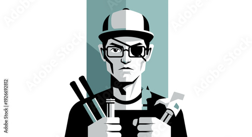 Stylized illustration of person with eye patch holding tools against white